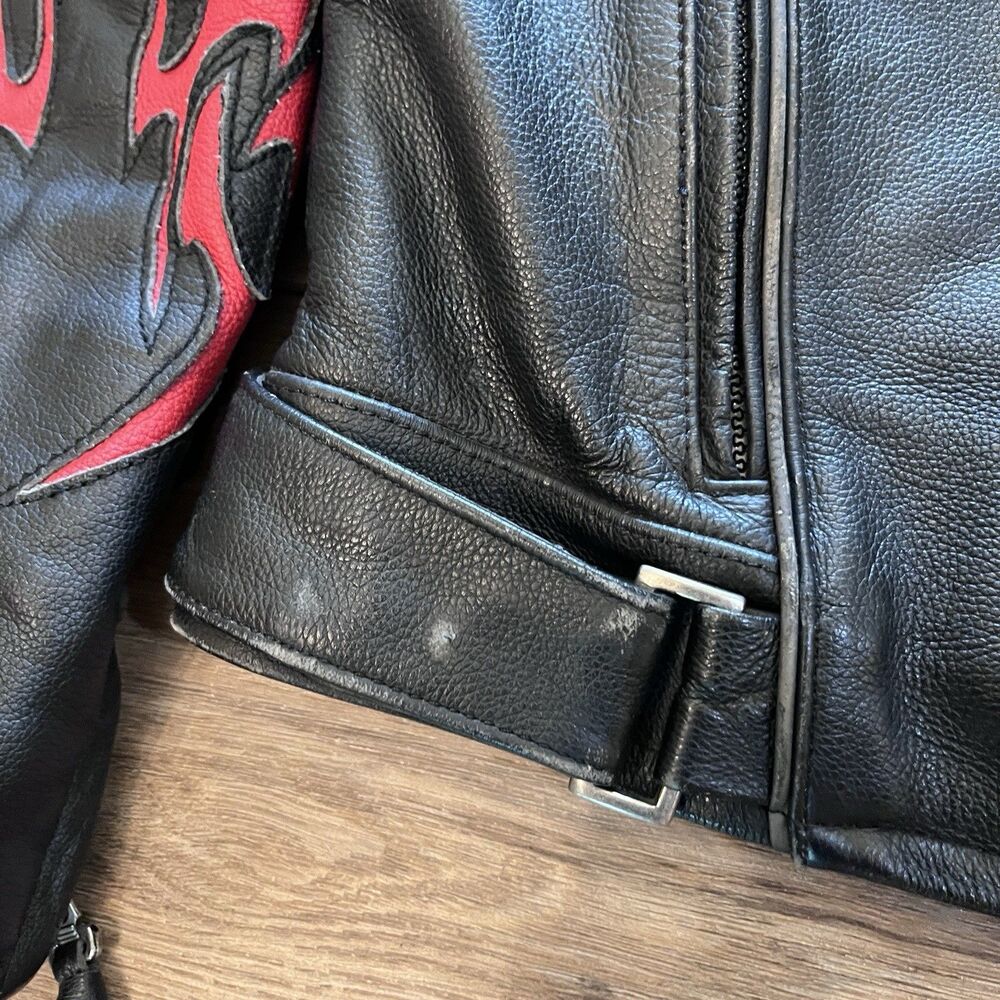 First Gear Black Leather Flames Motorcycle Riding Biker Jacket Women's L w/Liner - Picture 8 of 11